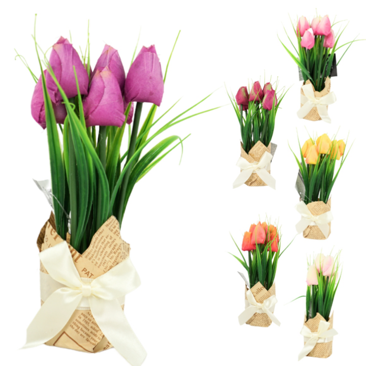 CVIJEĆE UMJETNO - TULIPANI BUKET 24 cm U PAPIRU S MAŠNOM - SORT BOJE
