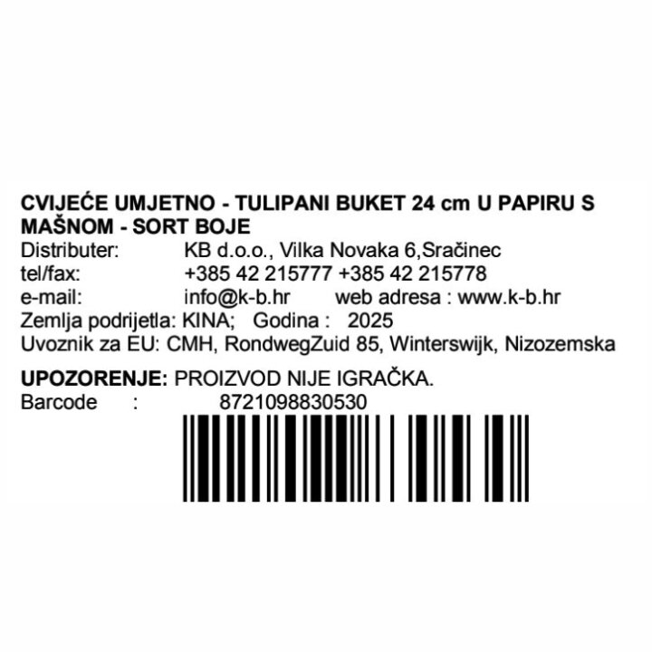 CVIJEĆE UMJETNO - TULIPANI BUKET 24 cm U PAPIRU S MAŠNOM - SORT BOJE