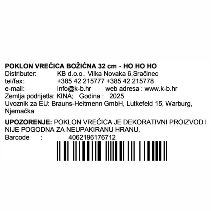 POKLON VREĆICA BOŽIĆNA 32 cm - HO HO HO