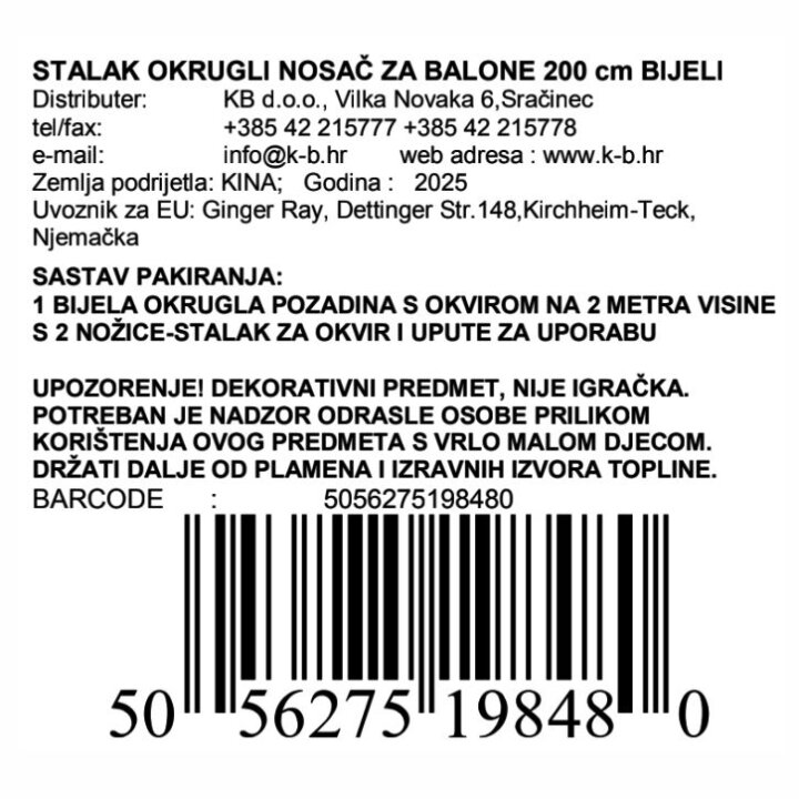 STALAK OKRUGLI NOSAČ ZA BALONE 200 cm BIJELI