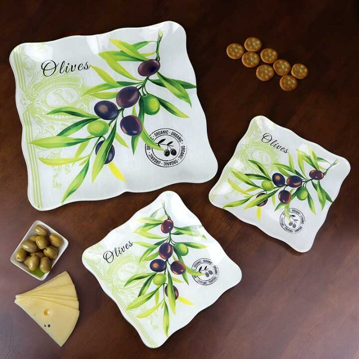 STAKLENI DEKORATIVNI 7 DIJELNI SET TANJURA OLIVE HARMONY 30,5 / 18 cm