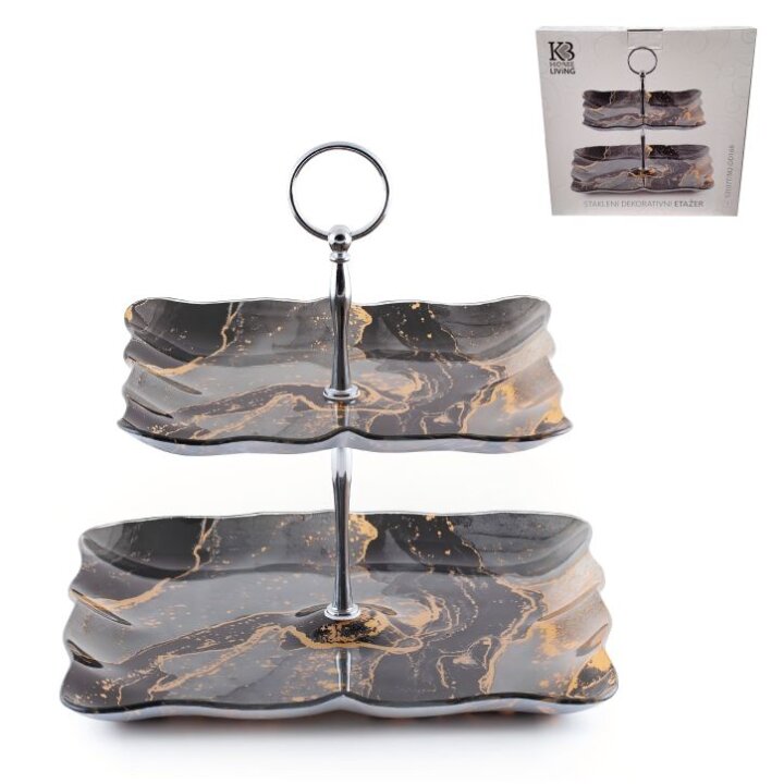 STAKLENI DEKORATIVNI ETAŽER 2 NIVOA MIDNIGHT MARBLE 25,5 / 20 cm