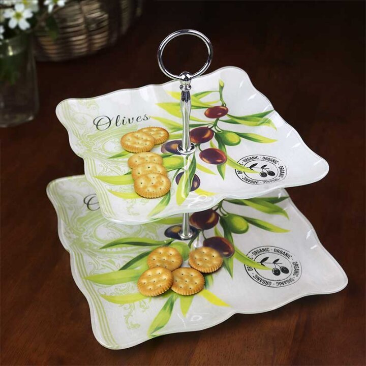 STAKLENI DEKORATIVNI ETAŽER 2 NIVOA OLIVE HARMONY 25,5 / 20 cm