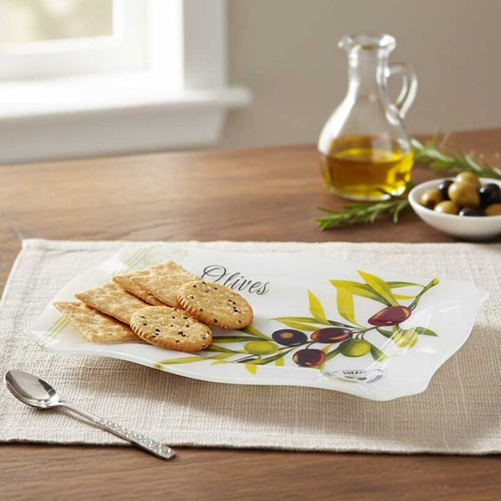 STAKLENI DEKORATIVNI TANJUR ČETVRTASTI S VALOVITIM RUBOM OLIVE HARMONY 35,5 cm