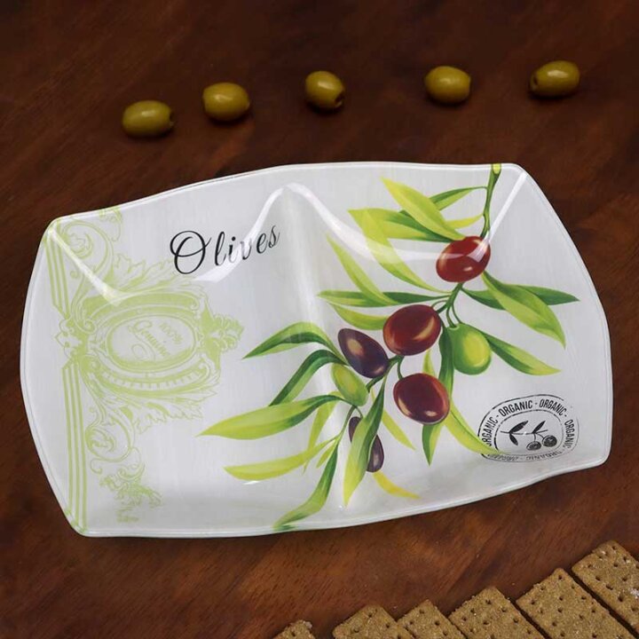 STAKLENI DEKORATIVNI TANJUR ČETVRTASTI S VALOVITIM RUBOM OLIVE HARMONY 35,5 cm