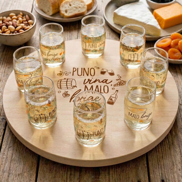 OKRETNA DASKA fi 40 cm SA 8 ČAŠA 200 ml S TISKOM I GRAVUROM Puno vina,malo brige