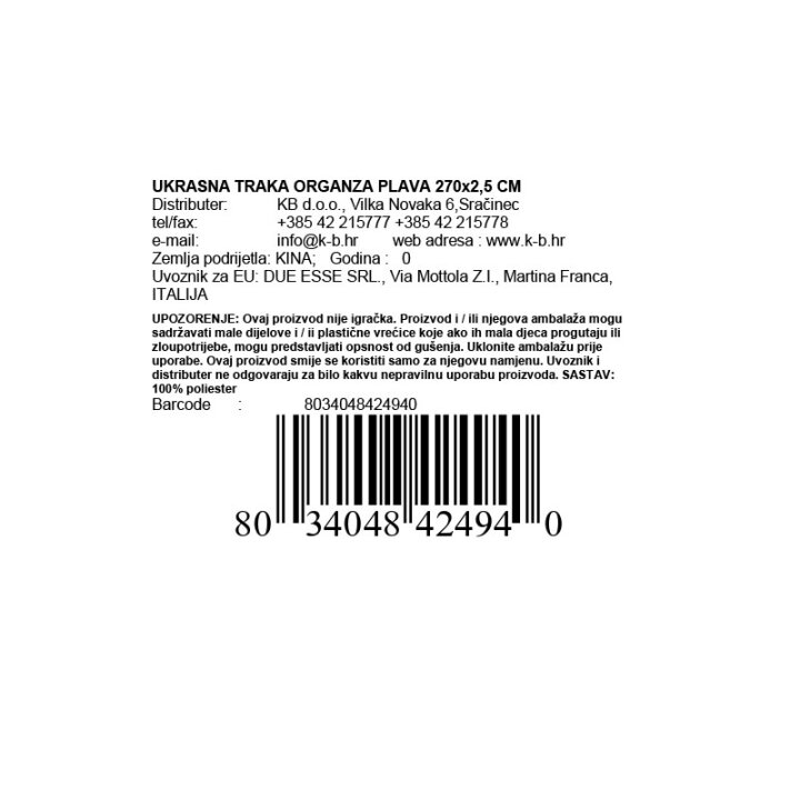 UKRASNA TRAKA ORGANZA PLAVA 270x2,5 CM