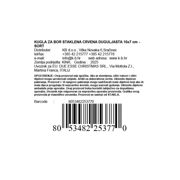 KUGLA ZA BOR STAKLENA CRVENA DUGULJASTA 10x7 cm - SORT