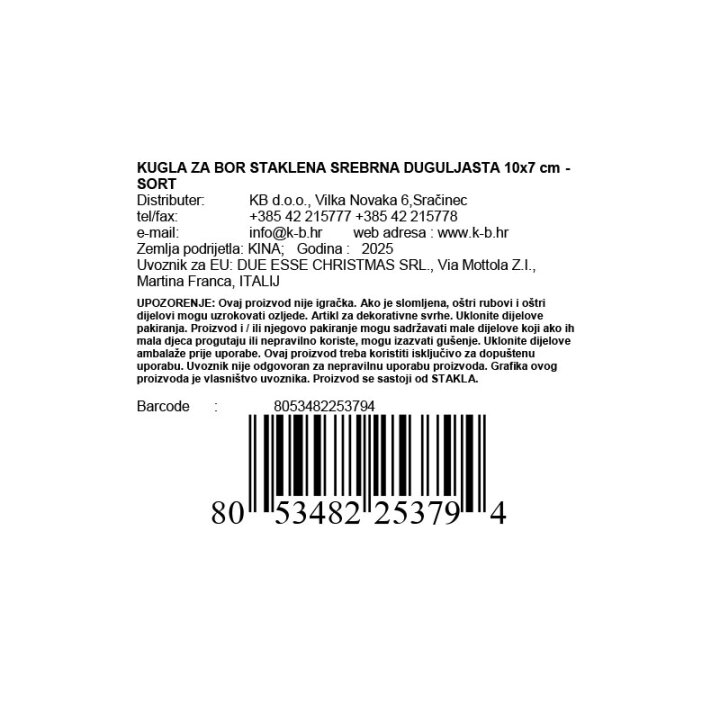 KUGLA ZA BOR STAKLENA SREBRNA DUGULJASTA 10x7 cm - SORT
