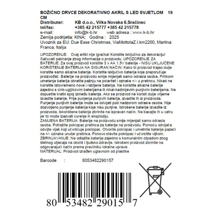 BOŽIĆNO DRVCE DEKORATIVNO AKRIL S LED SVJETLOM  19 CM