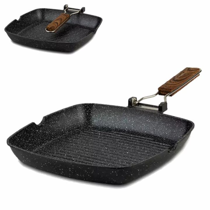 TAVA GRILL ČETVRTASTA S PREKLOPNOM DRVENOM DRŠKOM 28 cm - NATURE