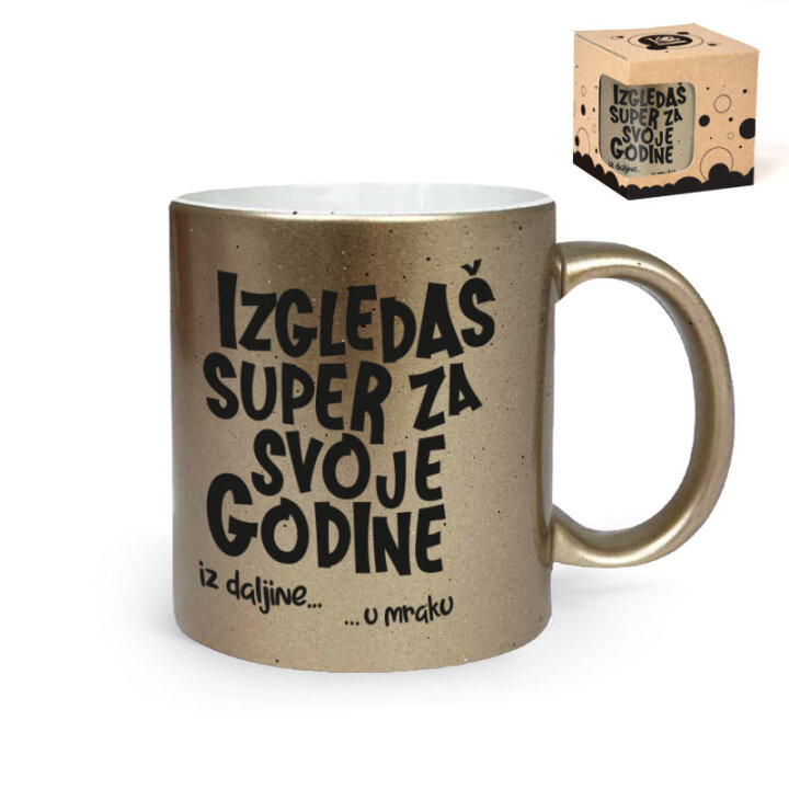 ŠALICA KERAMIČKA S TISKOM U POKLON KUTIJI GLITER ZLATNA TOČKICE Izgledaš super..