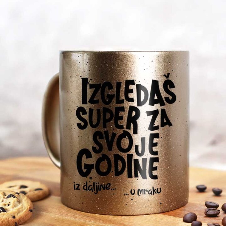 ŠALICA KERAMIČKA S TISKOM U POKLON KUTIJI GLITER ZLATNA TOČKICE Izgledaš super..