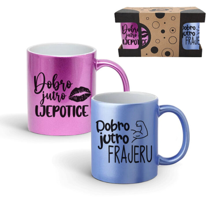 SET ŠALICE KERAMIČKE S TISKOM U POKLON KUTIJI 2/1 ROZA I PLAVA - Dobro jutro ...