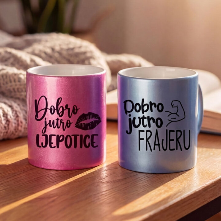 SET ŠALICE KERAMIČKE S TISKOM U POKLON KUTIJI 2/1 ROZA I PLAVA - Dobro jutro ...