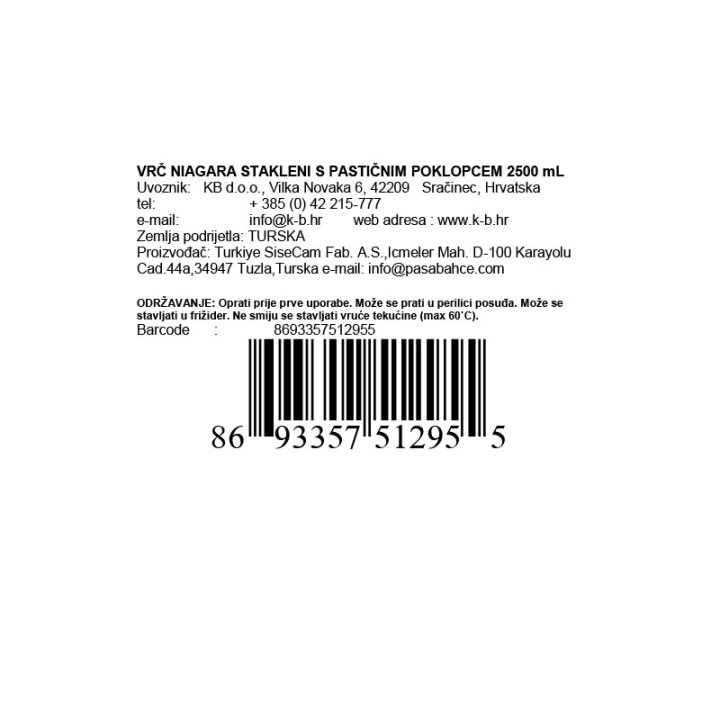 VRČ NIAGARA STAKLENI S PASTIČNIM POKLOPCEM 2500 mL