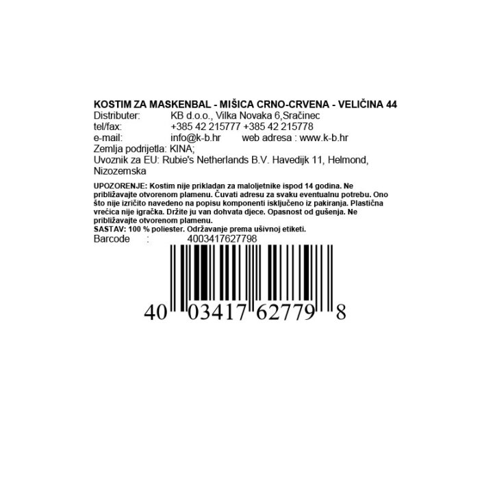 KOSTIM ZA MASKENBAL - MIŠICA CRNO-CRVENA - VELIČINA 44