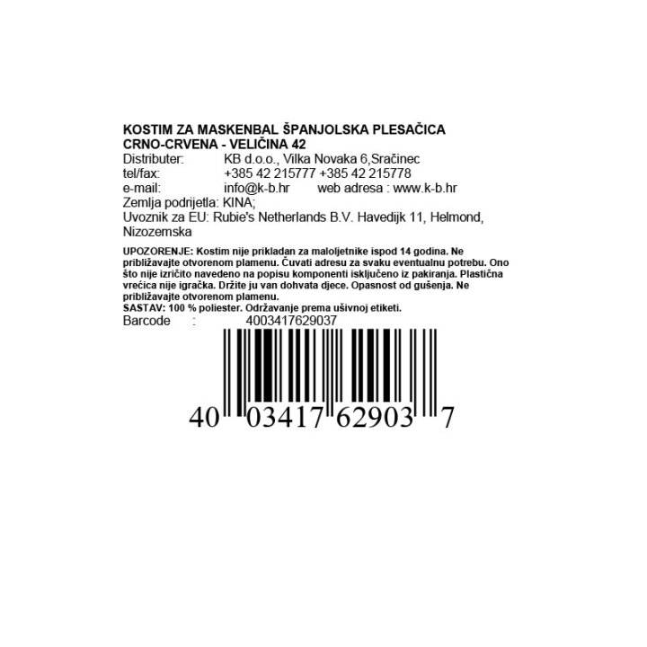 KOSTIM ZA MASKENBAL ŠPANJOLSKA PLESAČICA CRNO-CRVENA - VELIČINA 42
