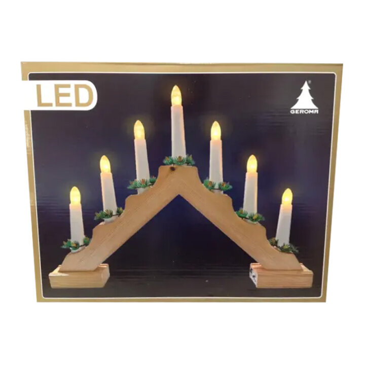 SVIJEĆNJAK SA 7 LED SVIJEĆA NA BATERIJE DRVENO-ZLATNI 39x31 cm