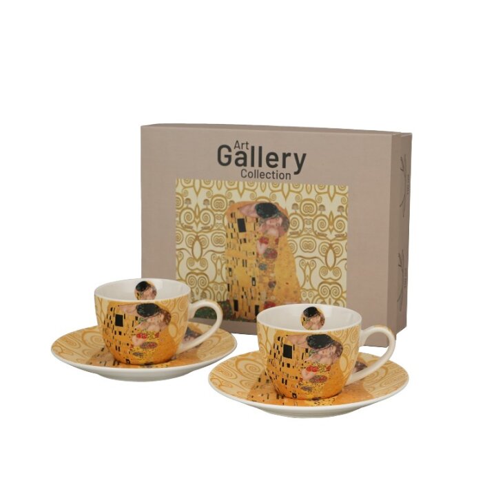 ŠALICE ZA KAVU PORCULANSKE 2/1 110 ML U POKLON KUTIJI - THE KISS ECRU GUSTAV KLIMT