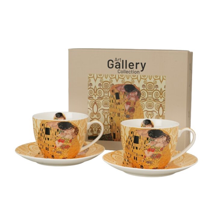 ŠALICE ZA KAVU PORCULANSKE 2/1 270 ML U POKLON KUTIJI - THE KISS ECRU GUSTAV KLIMT