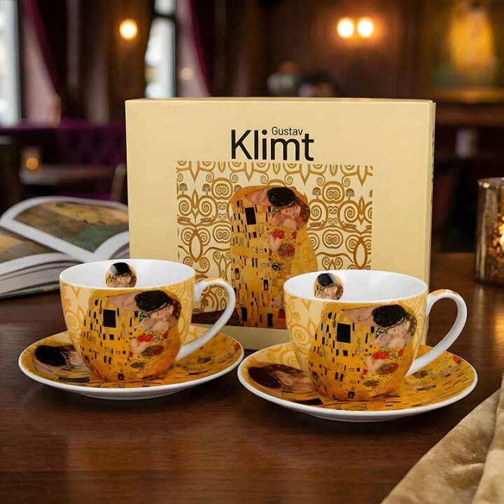 ŠALICE ZA KAVU PORCULANSKE 2/1 270 ML U POKLON KUTIJI - THE KISS ECRU GUSTAV KLIMT