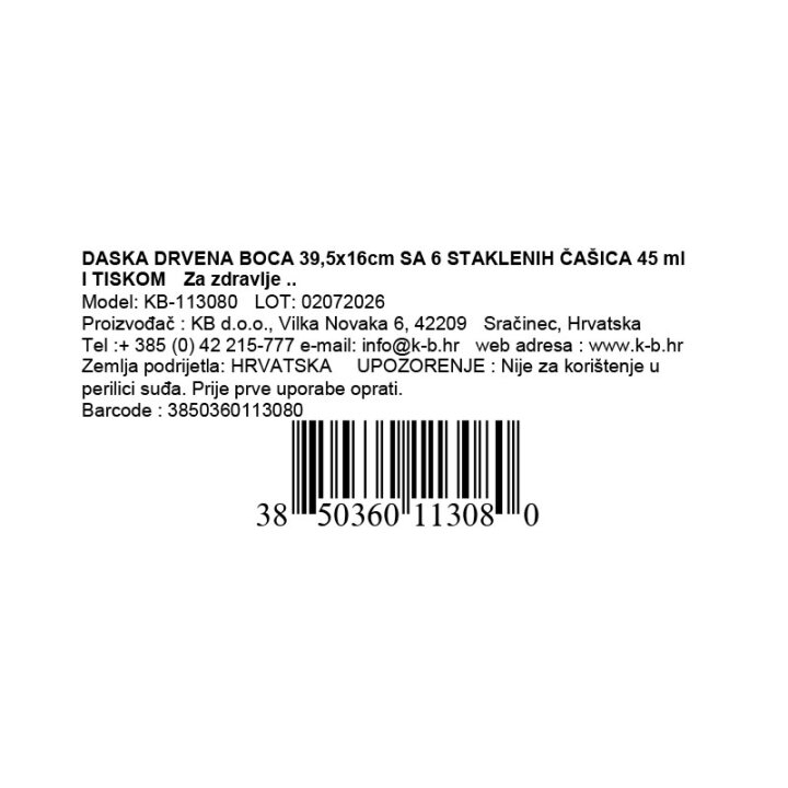 DASKA DRVENA BOCA 39,5x16cm SA 6 ČAŠICA 45 ml I TISKOM - Za zdravlje, za sreću..