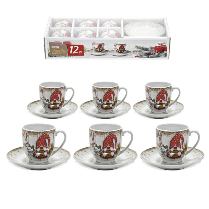 ŠALICE ZA KAVU 6/1 S TANJURIĆIMA 90 mL - BOŽIĆNI DEKOR - WOODEN JOY