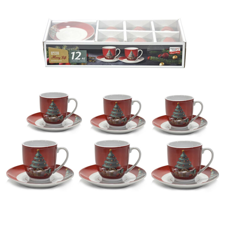 ŠALICE ZA KAVU 6/1 S TANJURIĆIMA 90 mL - BOŽIĆNI DEKOR - MERRY GIFT