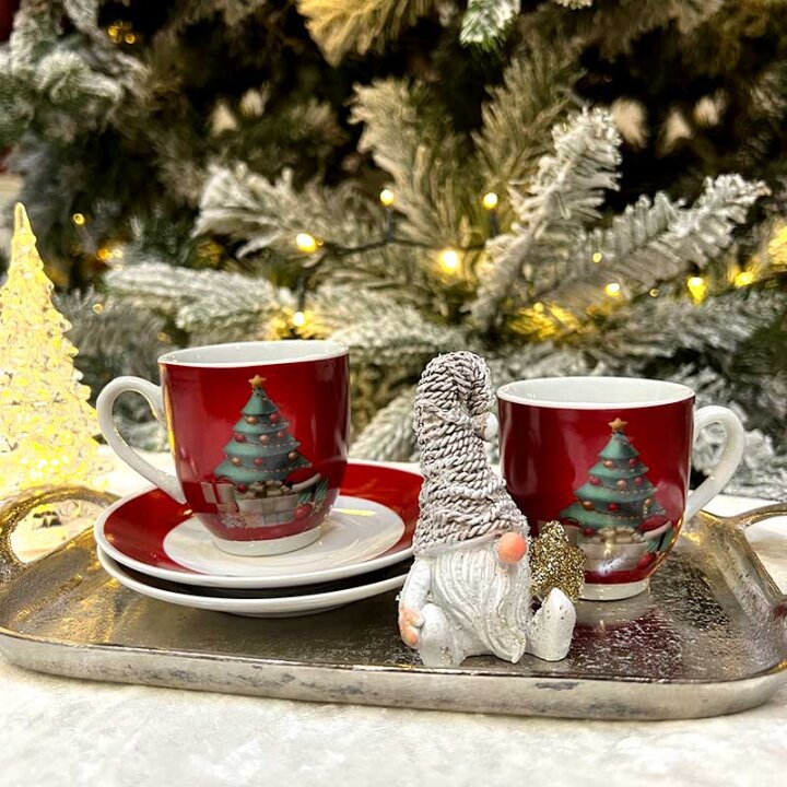 ŠALICE ZA KAVU 6/1 S TANJURIĆIMA 90 mL - BOŽIĆNI DEKOR - MERRY GIFT