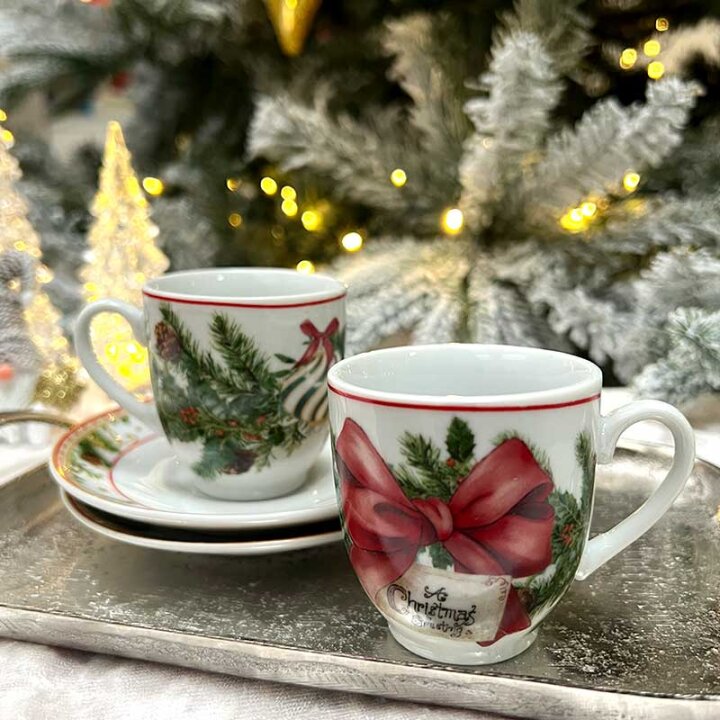 ŠALICE ZA KAVU 6/1 S TANJURIĆIMA 90 mL - BOŽIĆNI DEKOR - RED RIBON CARLAND