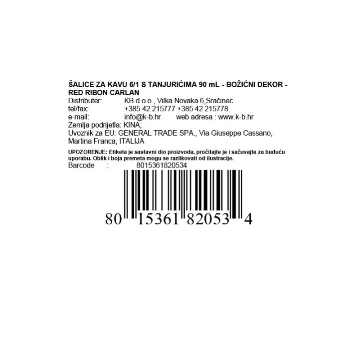 ŠALICE ZA KAVU 6/1 S TANJURIĆIMA 90 mL - BOŽIĆNI DEKOR - RED RIBON CARLAND