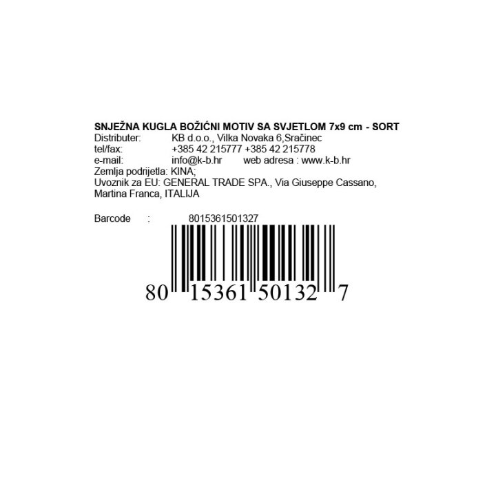 SNJEŽNA KUGLA BOŽIĆNI MOTIV SA SVJETLOM 7x9 cm - SORT