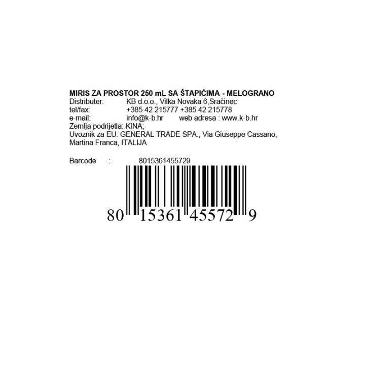 MIRIS ZA PROSTOR 250 mL SA ŠTAPIĆIMA - MELOGRANO