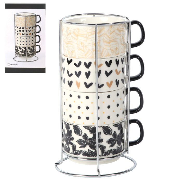 ŠALICE PORCULAN NEW BONE 4/1 220 mL NA METALNOM STALKU - CRNO-BIJELI DEKOR