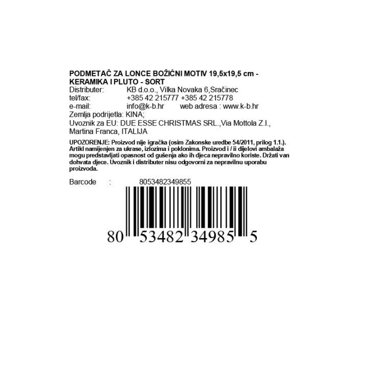 PODMETAČ ZA LONCE BOŽIĆNI MOTIV 19,5x19,5 cm - KERAMIKA I PLUTO - SORT