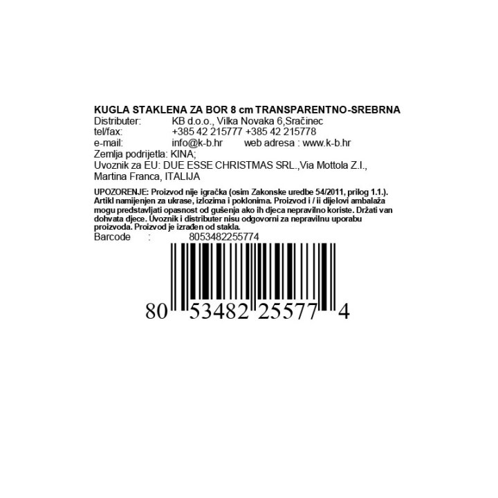 KUGLA STAKLENA ZA BOR 8 cm TRANSPARENTNO-SREBRNA