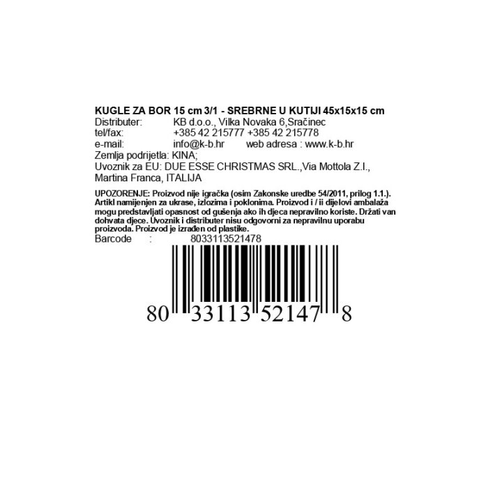 KUGLE ZA BOR 15 cm 3/1 - SREBRNE U KUTIJI 45x15x15 cm