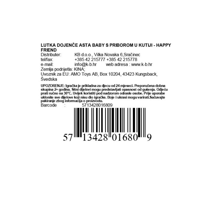 LUTKA DOJENČE ASTA BABY S PRIBOROM U KUTIJI - HAPPY FRIEND