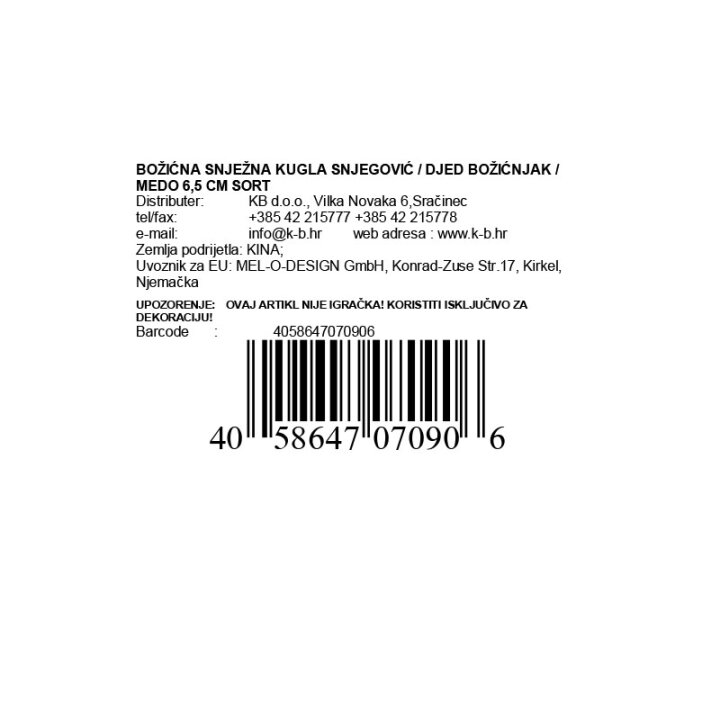BOŽIĆNA SNJEŽNA KUGLA SNJEGOVIĆ / DJED BOŽIĆNJAK / MEDO 6,5 CM SORT