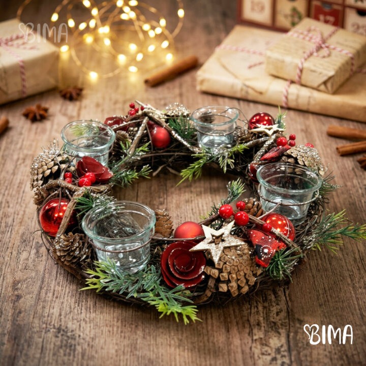 ADVENTSKI VIJENAC CRVENO-SMEĐI ZA LUČICE 34 cm