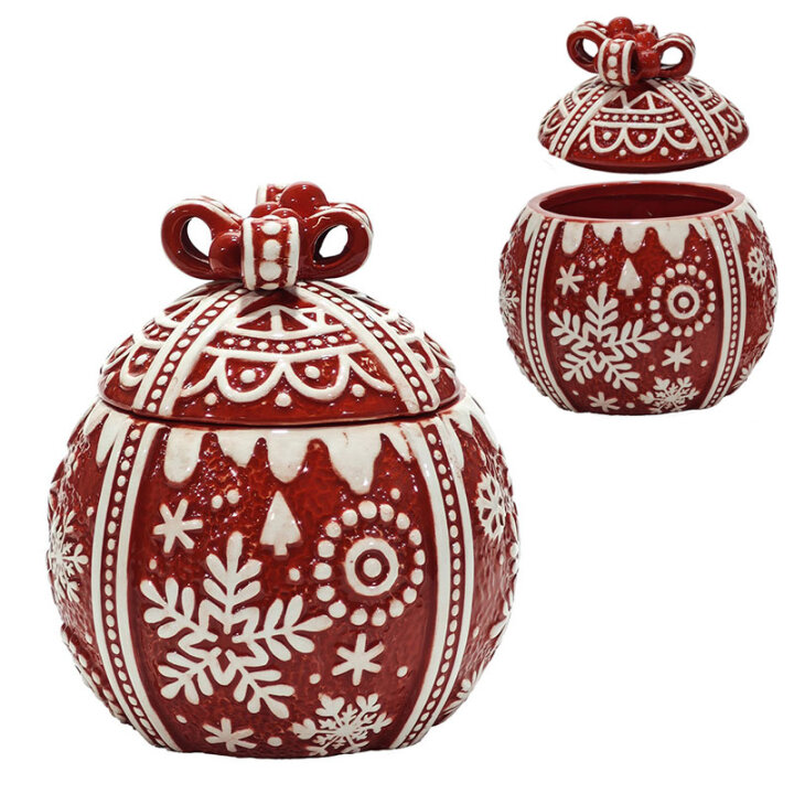POSUDICA S POKLOPCEM KERAMIČKA - BOŽIĆNI POKLON 14x17 CM CRVENO-BIJELI