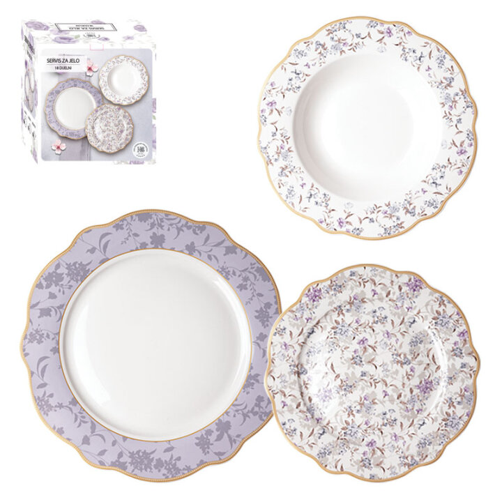 SERVIS ZA JELO 18 DIJELNI NEW BONE VIOLET GARDEN PORCULAN DEKORIRANI - VALOVITI RUB