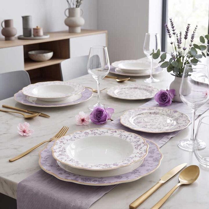 SERVIS ZA JELO 18 DIJELNI NEW BONE VIOLET GARDEN PORCULAN DEKORIRANI - VALOVITI RUB