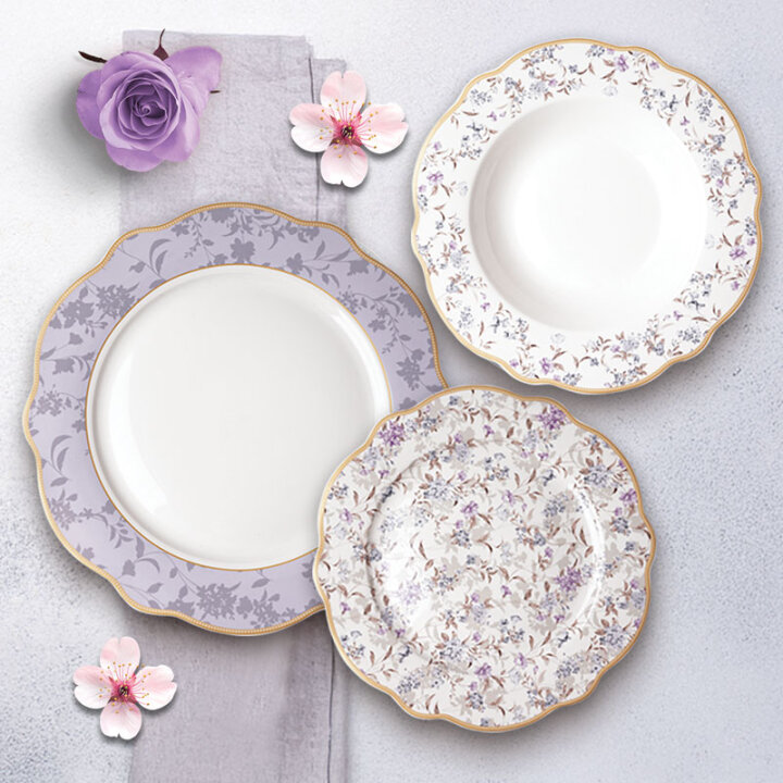 SERVIS ZA JELO 18 DIJELNI NEW BONE VIOLET GARDEN PORCULAN DEKORIRANI - VALOVITI RUB