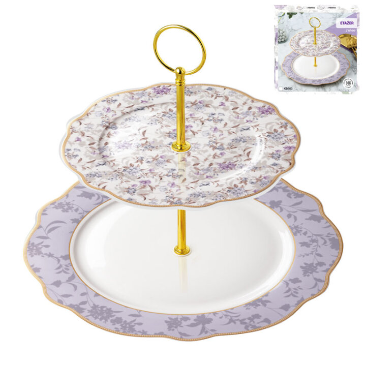 ETAŽER 2 NIVOA NEW BONE PORCULAN VIOLET GARDEN DEKORIRANI 26,5 CM - VALOVITI RUB