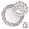 SET ZA KOLAČE 7 DIJELNI NEW BONE VIOLET GARDEN PORCULAN DEKORIRANI - VALOVITI RUB