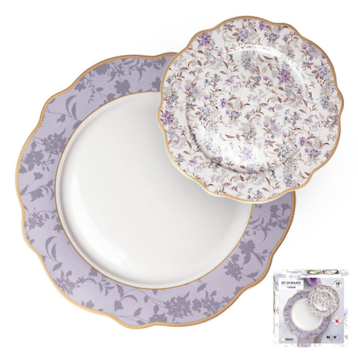SET ZA KOLAČE 7 DIJELNI NEW BONE VIOLET GARDEN PORCULAN DEKORIRANI - VALOVITI RUB
