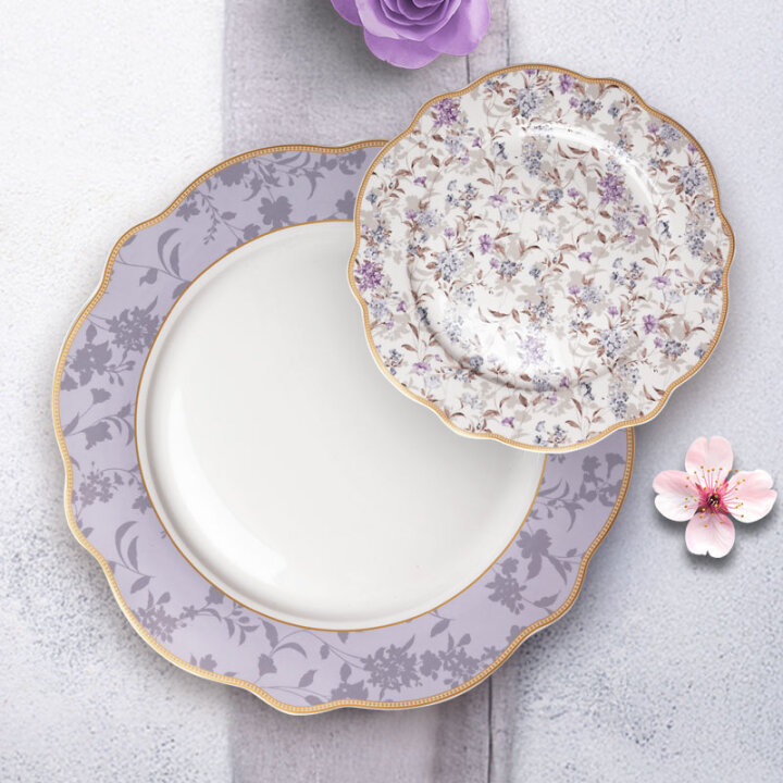 SET ZA KOLAČE 7 DIJELNI NEW BONE VIOLET GARDEN PORCULAN DEKORIRANI - VALOVITI RUB
