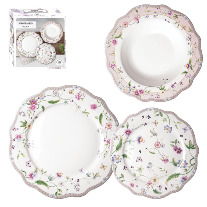 SERVIS ZA JELO 18 DIJELNI NEW BONE PETITE GARDEN PORCULAN DEKORIRANI - VALOVITI RUB